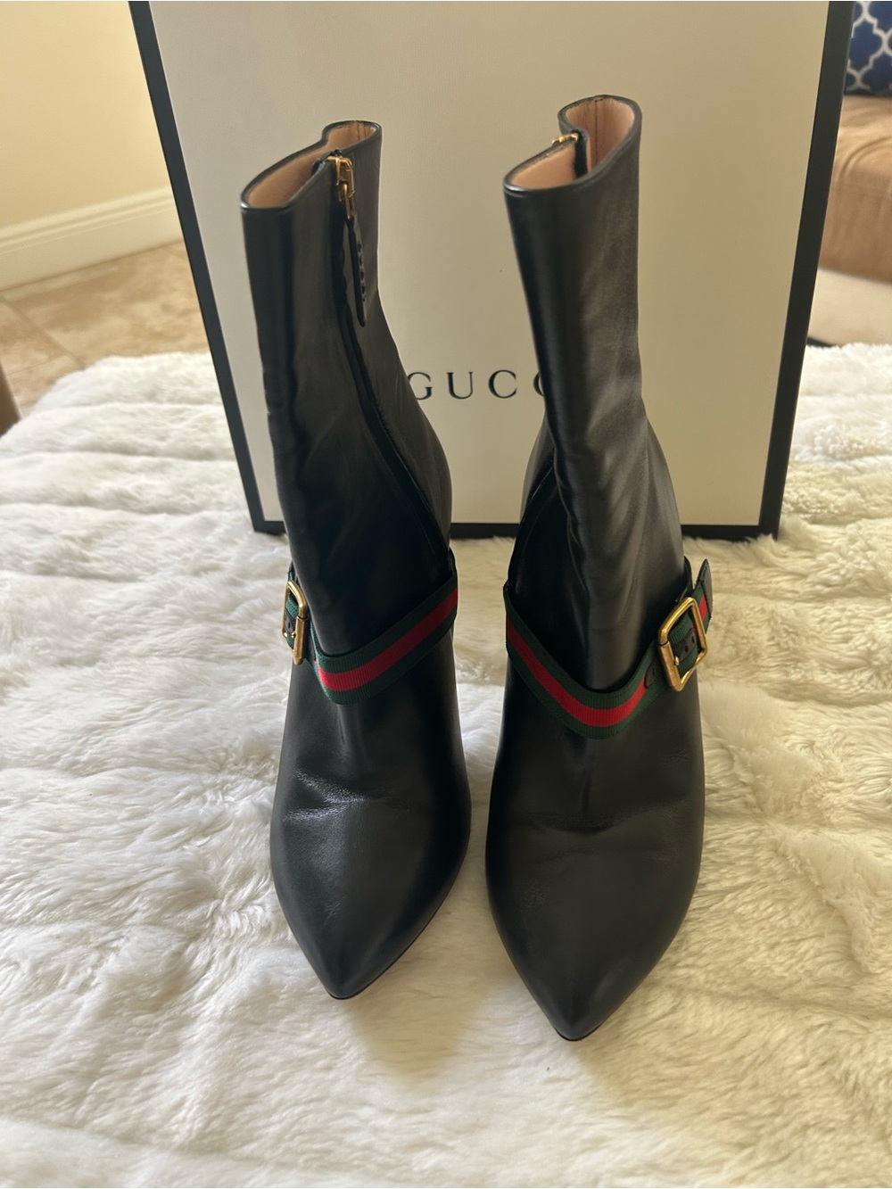Gucci Black Leather Ankle Boots with Signature Web Stripe